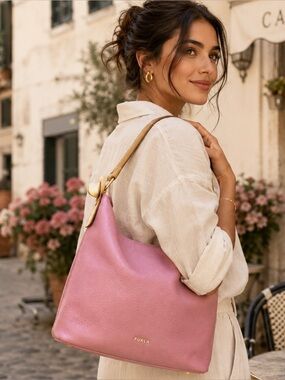 Luxe Furla Piper Pink Pebbled Leather Hobo Bag Italy Colorblock Shoulder Bag GUC